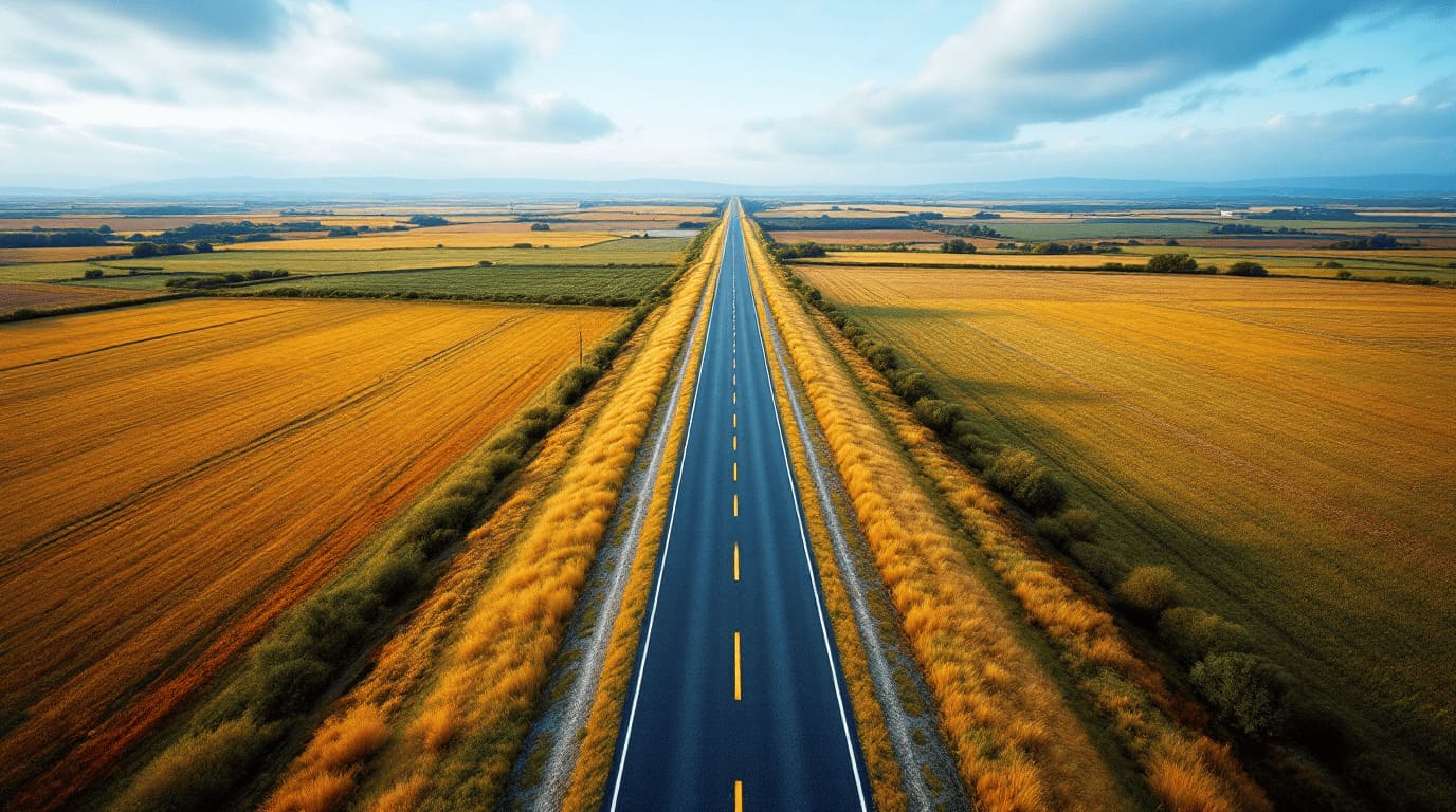 aerial view straight Roman road through landscape countryside