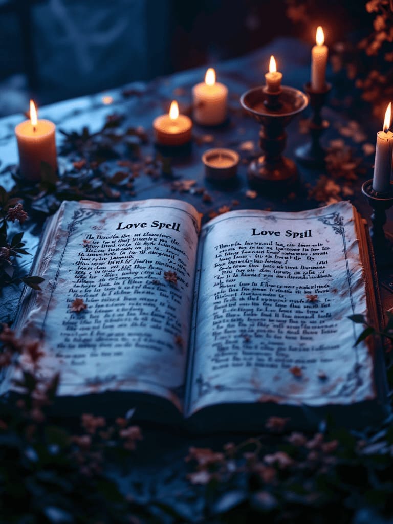 ancient manuscript with love spell inscriptions, candles and herbs