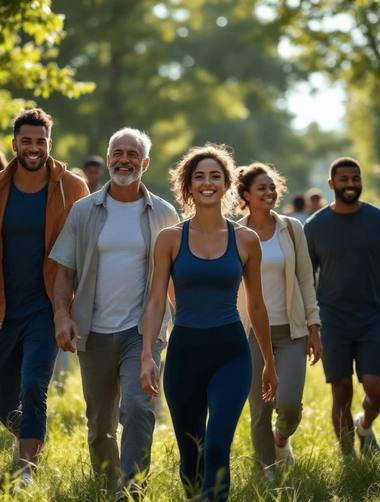 diverse group of people walking together outdoors healthy lifestyle