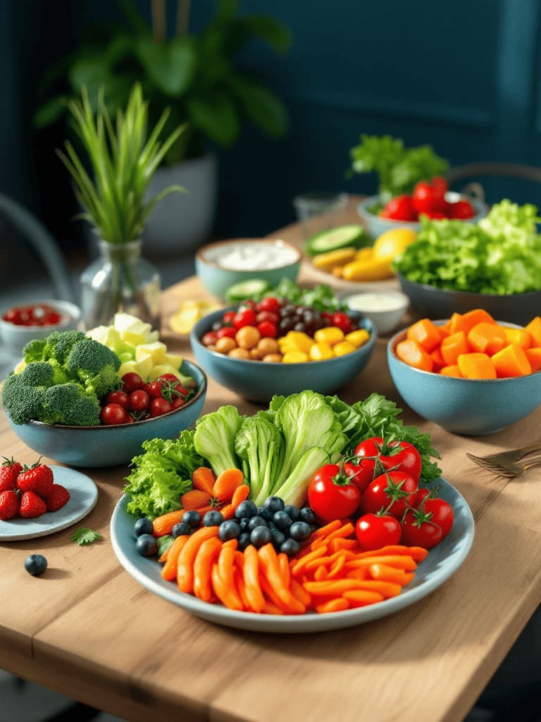 healthy food vegetables fruits balanced meal on wooden table