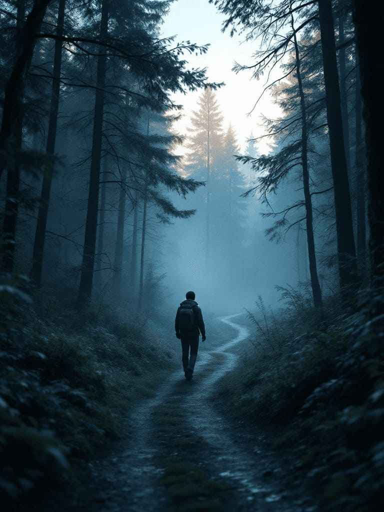 lone traveler on a winding forest path at dusk with light through trees