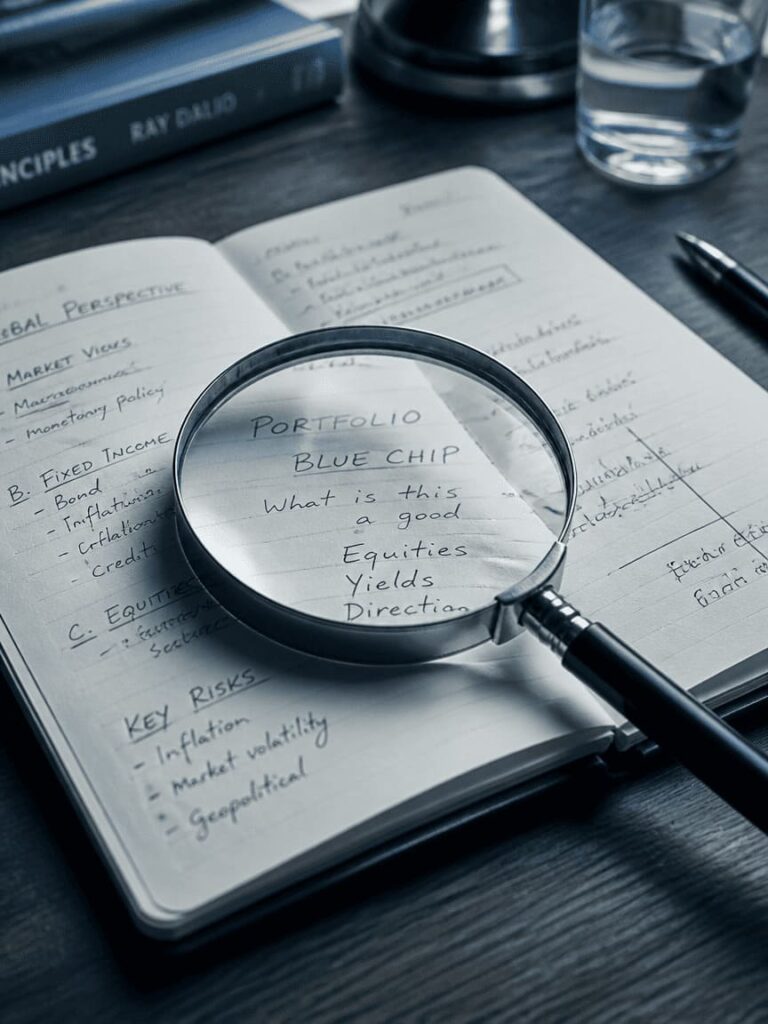 magnifying glass over journal notebook with handwritten notes on a wooden desk
