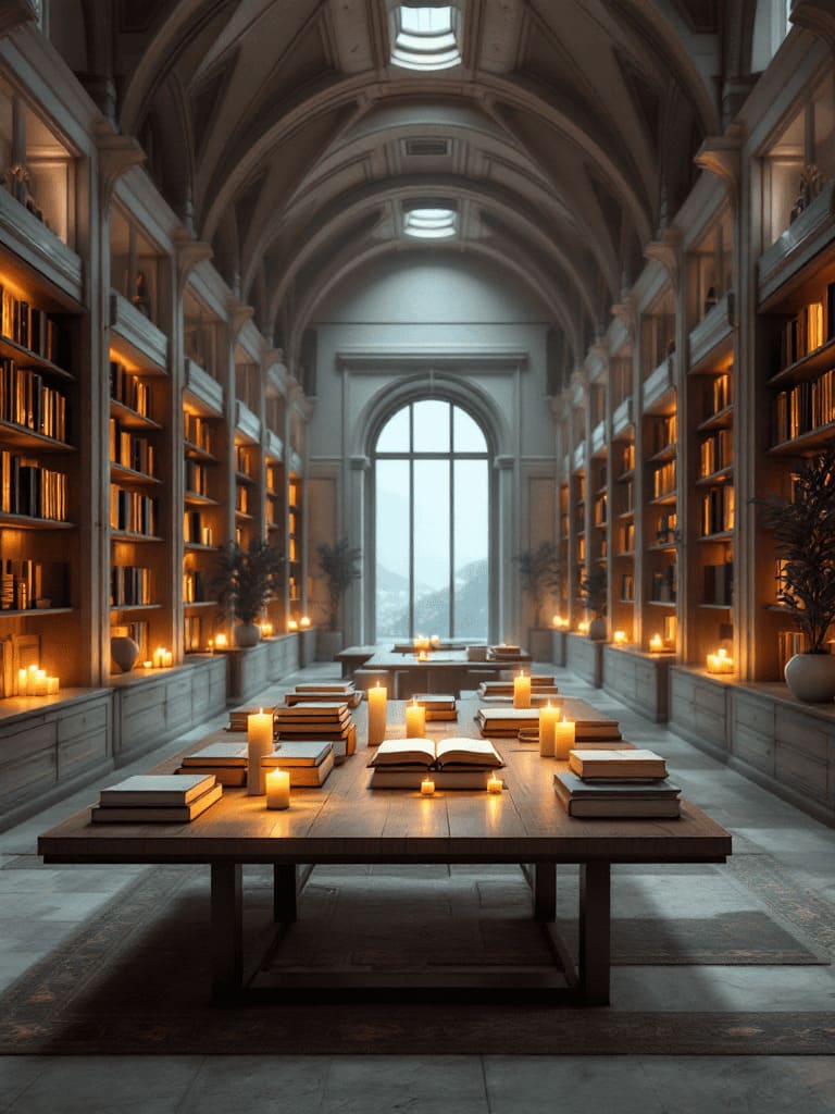 mystical ancient library with candles and glowing books open on a wooden table