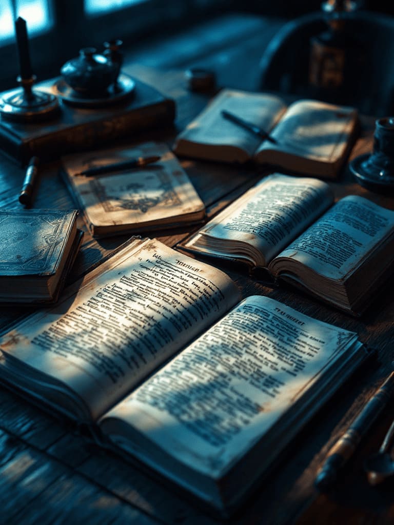 open ancient books and manuscripts on a wooden desk with warm candlelight