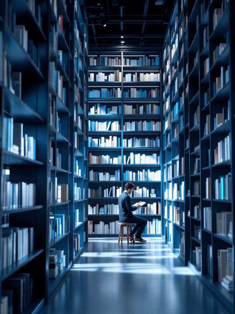 person browsing books in a library with golden light filtering through shelves