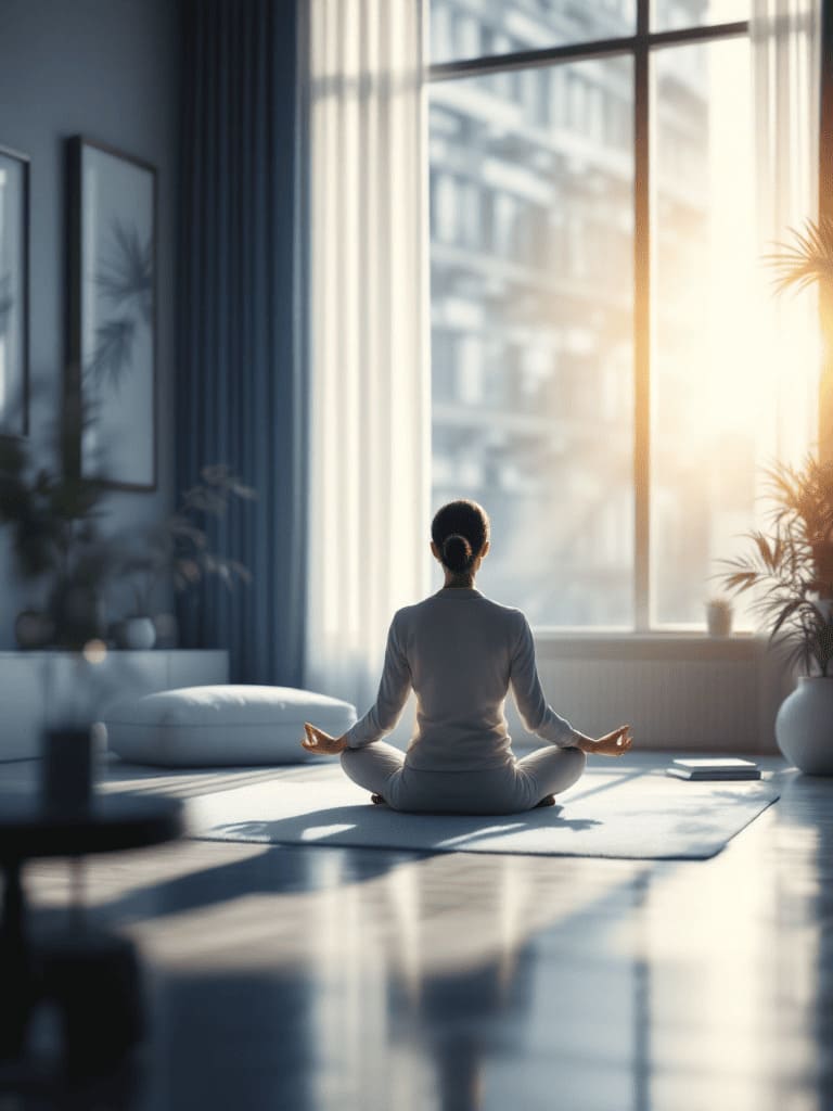 person meditating in morning sunlight, calm peaceful atmosphere
