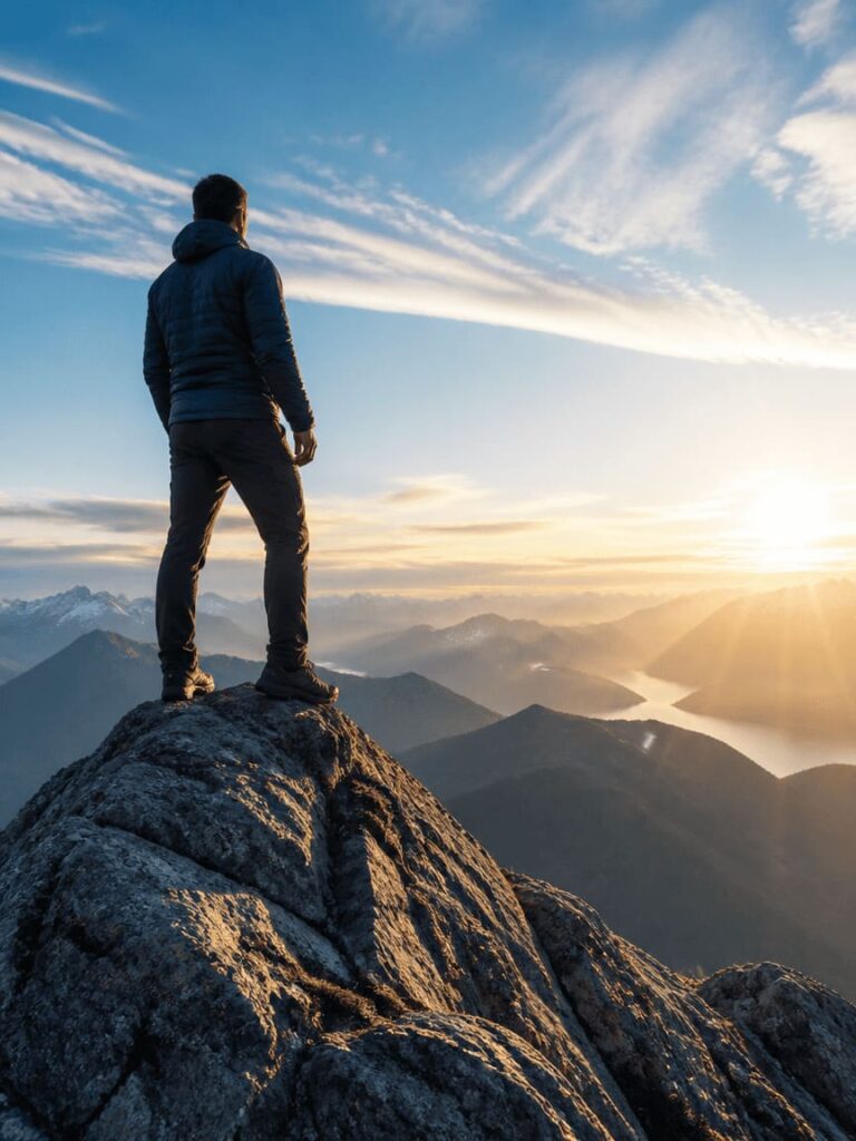 person standing on mountain top looking at horizon at sunrise, confident and clear