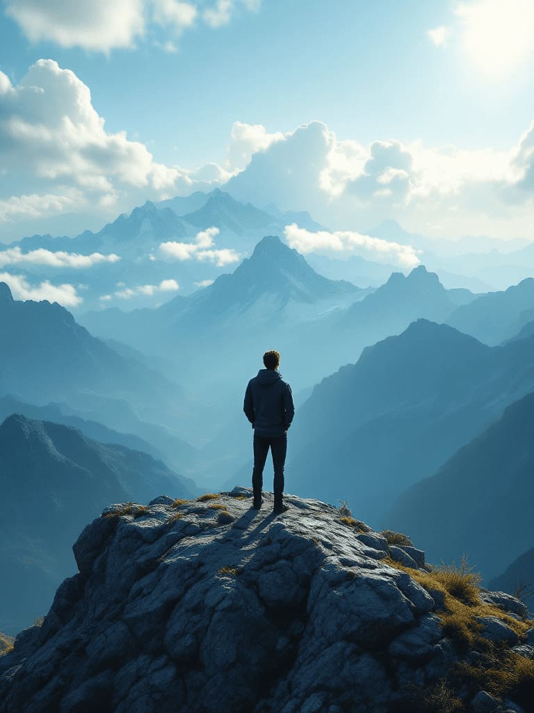 person standing on mountain top sunrise confident peaceful