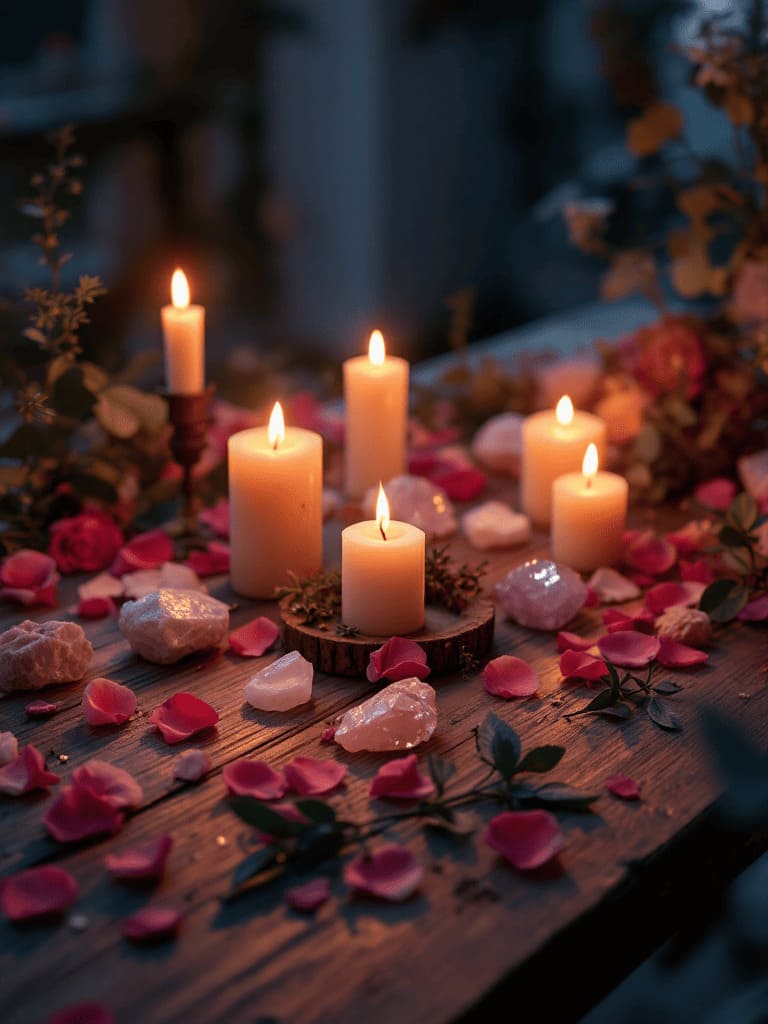 romantic candlelit altar with rose petals, herbs, and crystals arranged on a wooden table