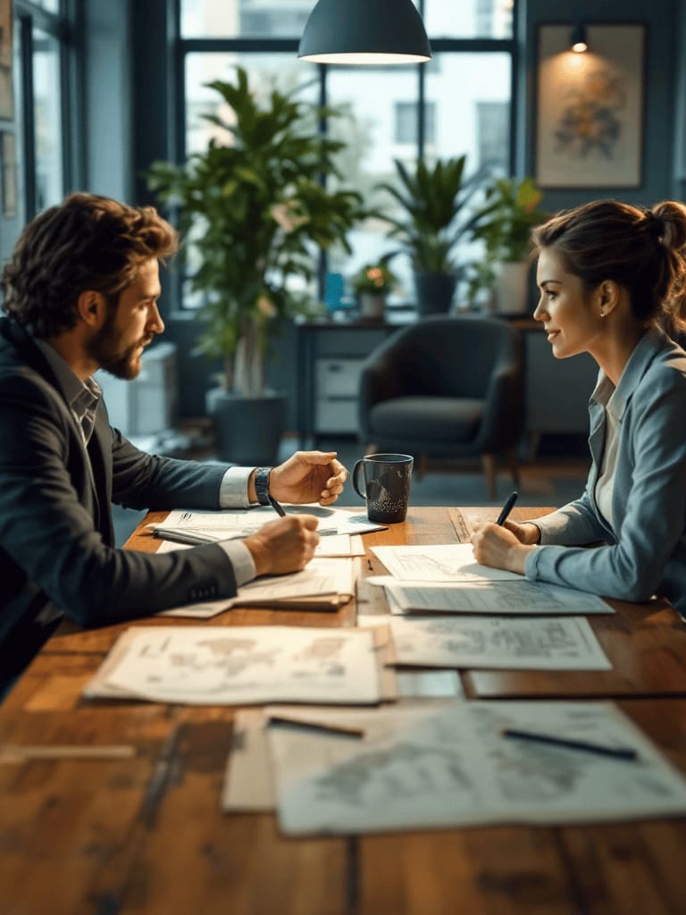 two people in conversation at a wooden table with old maps and notes