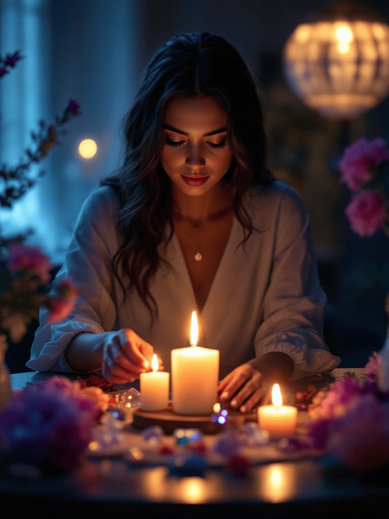 woman performing candle ritual with crystals and flowers at night
