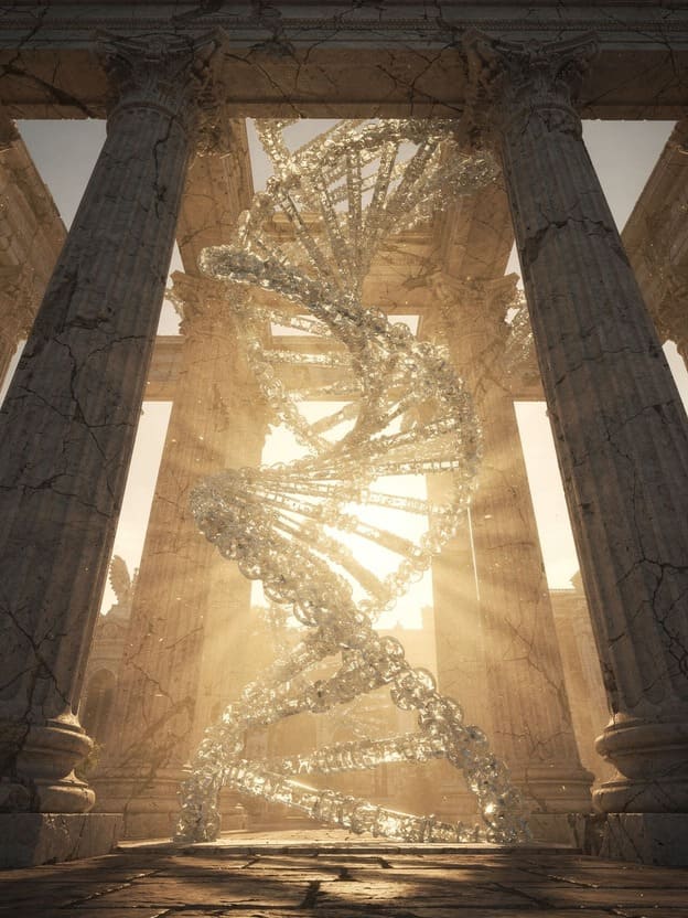 DNA double helix structure intertwined with ancient roman marble columns