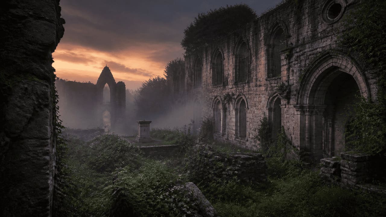 ancient European monastery ruins at dusk with fog rolling over stone walls and overgrown gardens, mysterious atmospheric lighting