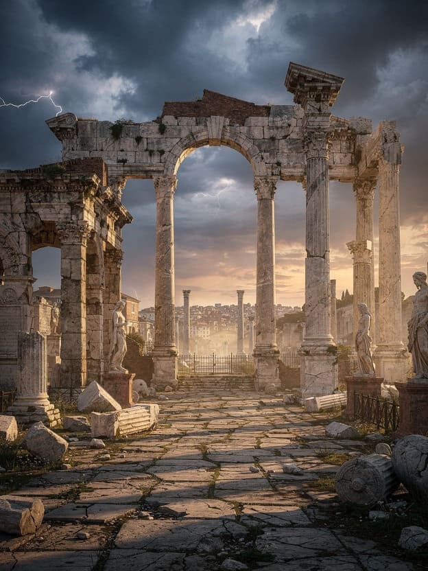 ancient Roman forum ruins at dusk with dramatic storm clouds overhead
