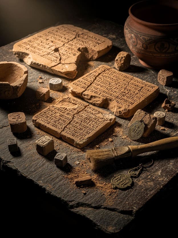 ancient clay tablets and archaeological artifacts on a dark stone table