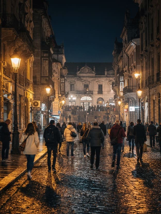 crowds of people walking through a European city at night with dramatic street lights