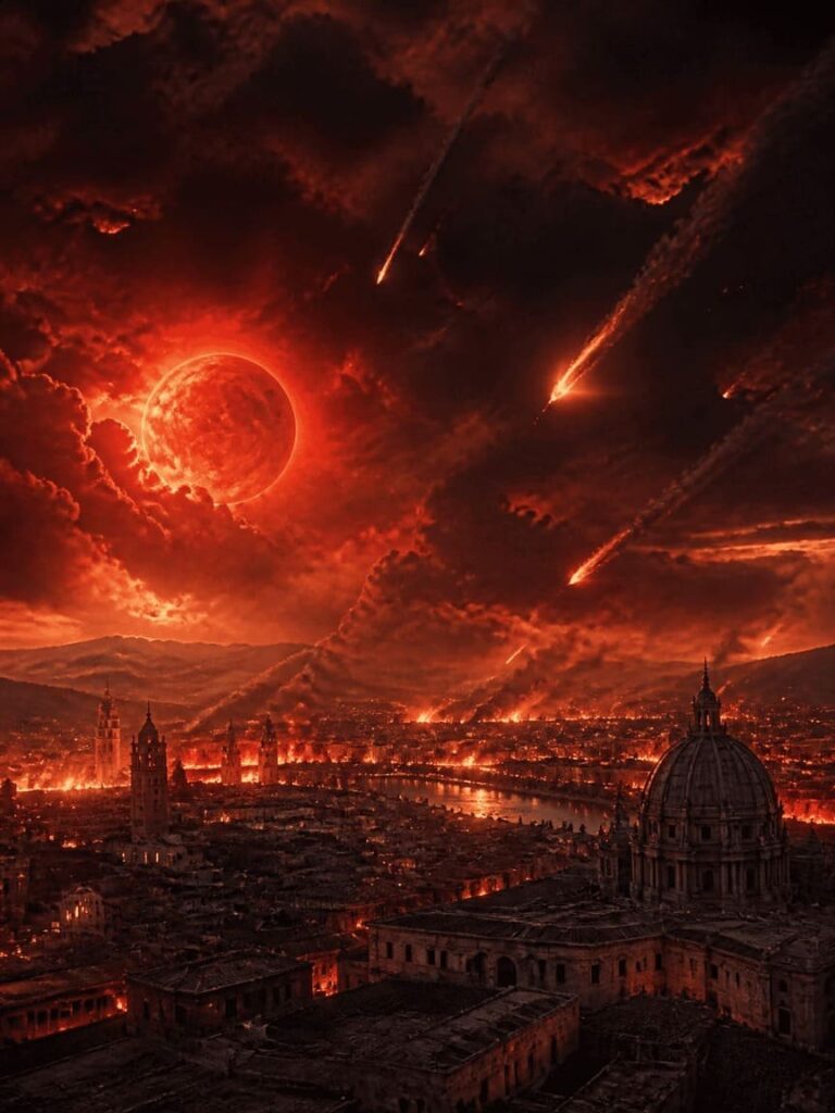 dark apocalyptic sky with multiple comets and blood-red sun over ancient European city, dramatic storm clouds, fire and ash