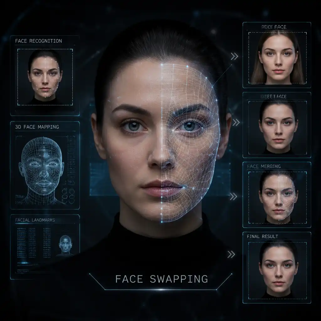 face swap technology visualization, 3D face mapping digital art