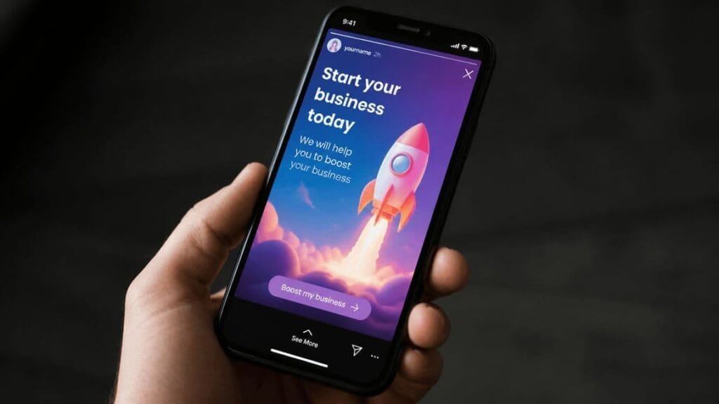 instagram stories displayed on smartphone, colorful animated content, social media marketing