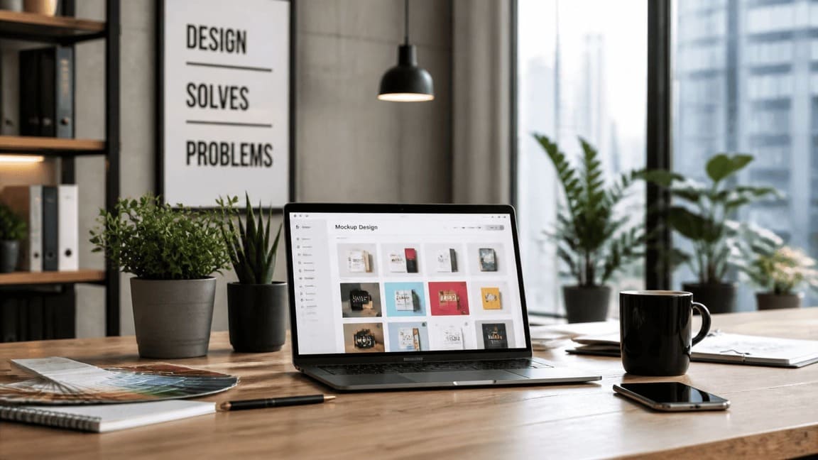 modern designer workspace with laptop showing colorful design templates, natural light, plants, minimal aesthetic