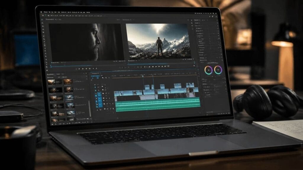 video editing timeline interface on laptop screen, professional video production workspace